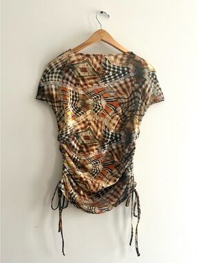 COLLUSION abstract plaid mesh cap sleeve top with ruched tie sides US 8